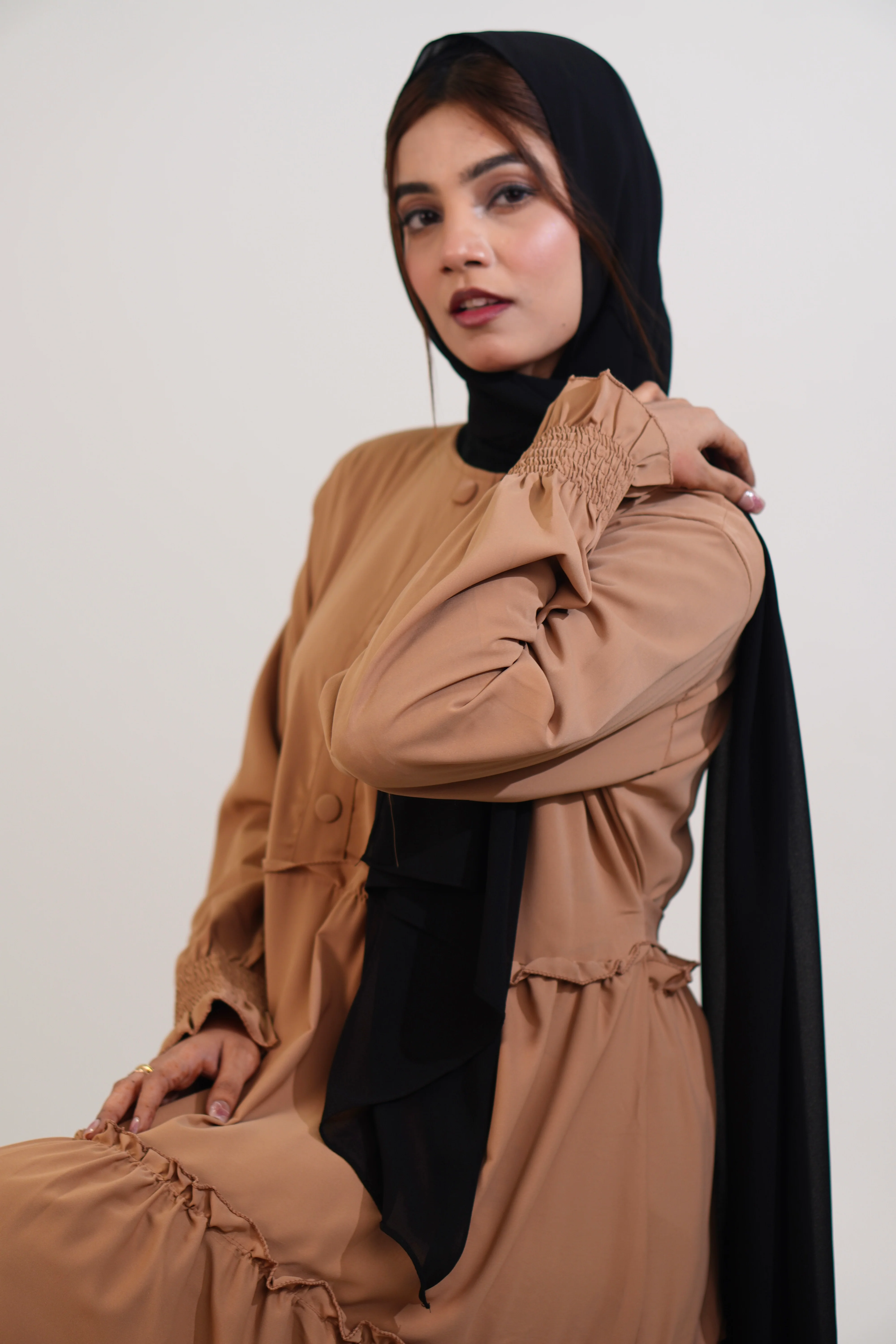 Feriha Ruffled Dress (Matte) - BEIGE - Image 10