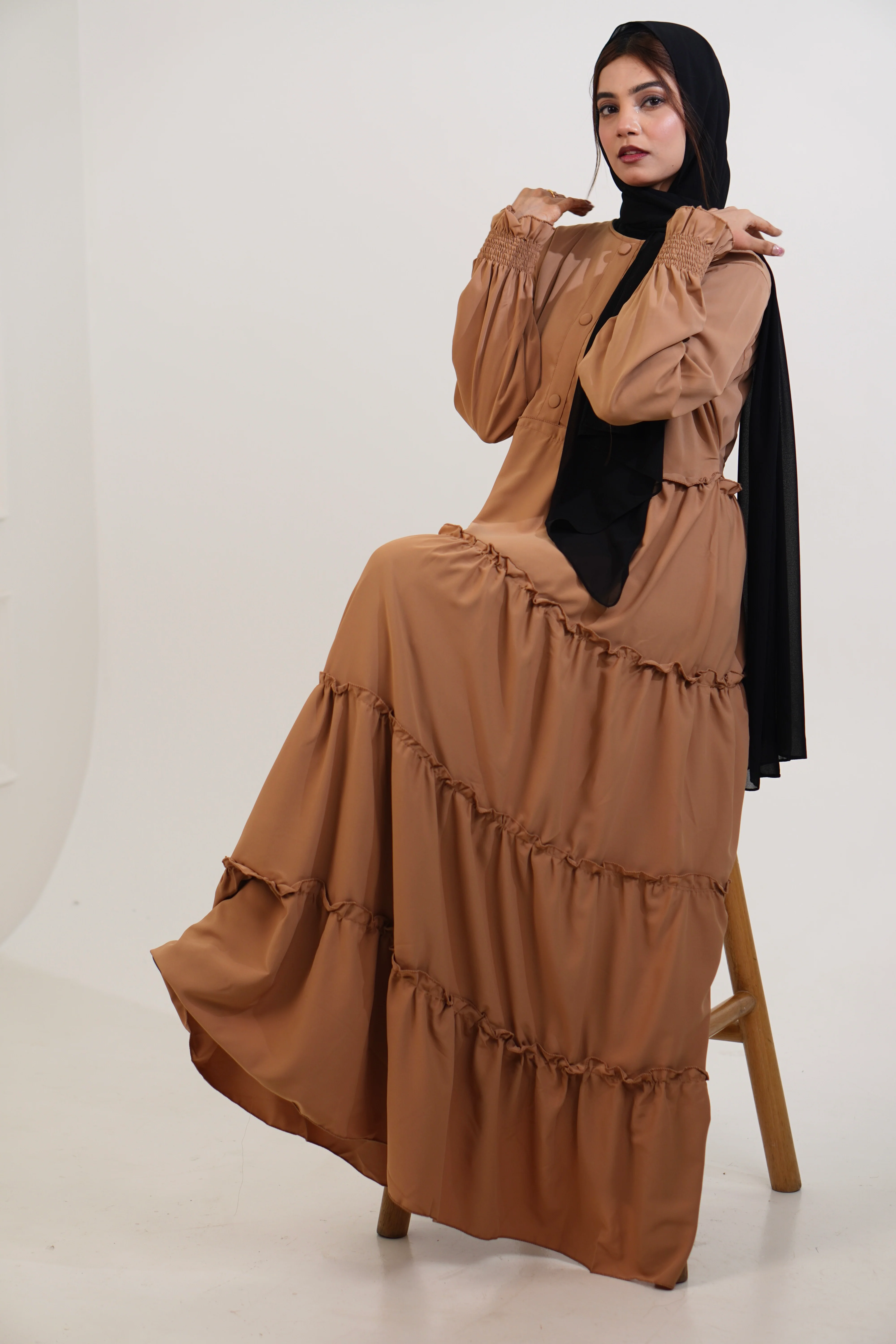 Feriha Ruffled Dress (Matte) - BEIGE - Image 4