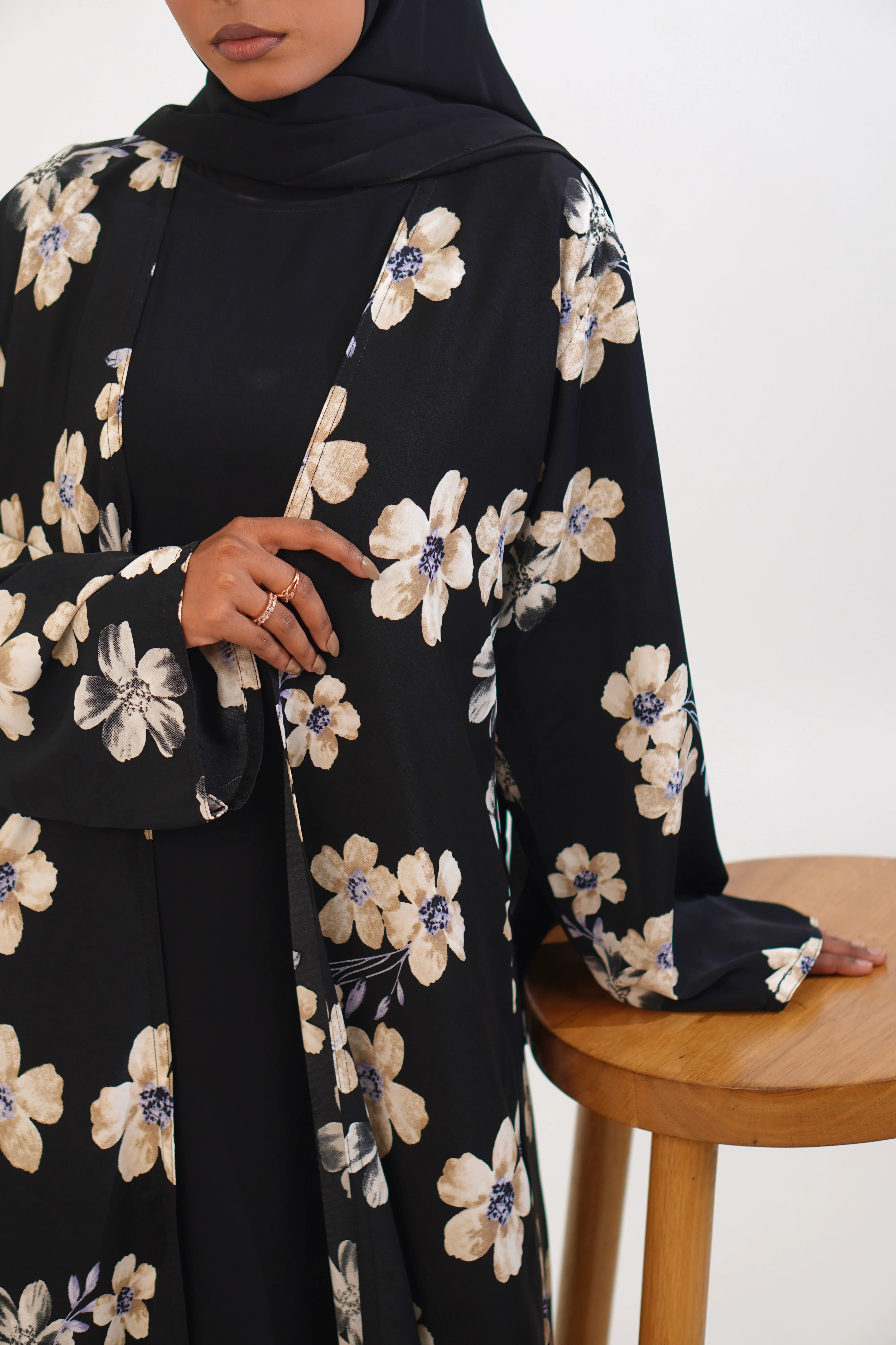 FLORAL PRINTED ABAYAH - BLACK - Image 3