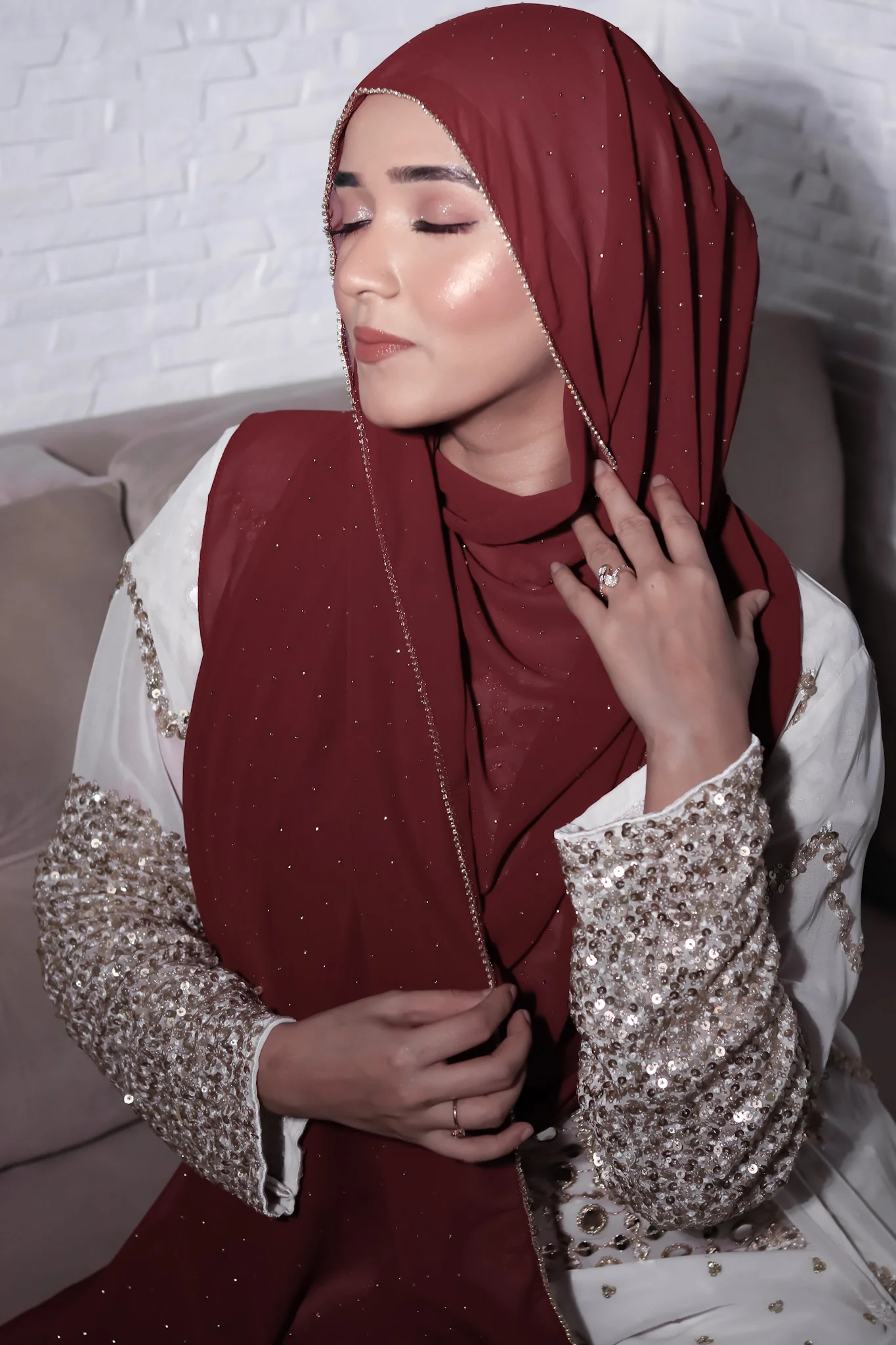 Rhinestone Hijab - Maroon - Image 3