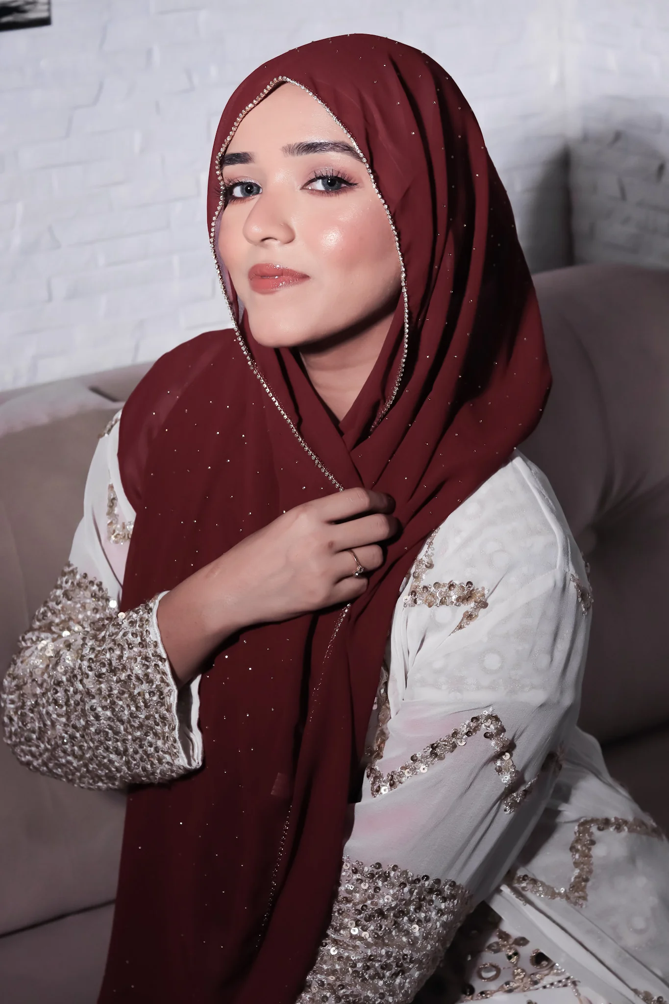 Rhinestone Hijab - Maroon - Image 4