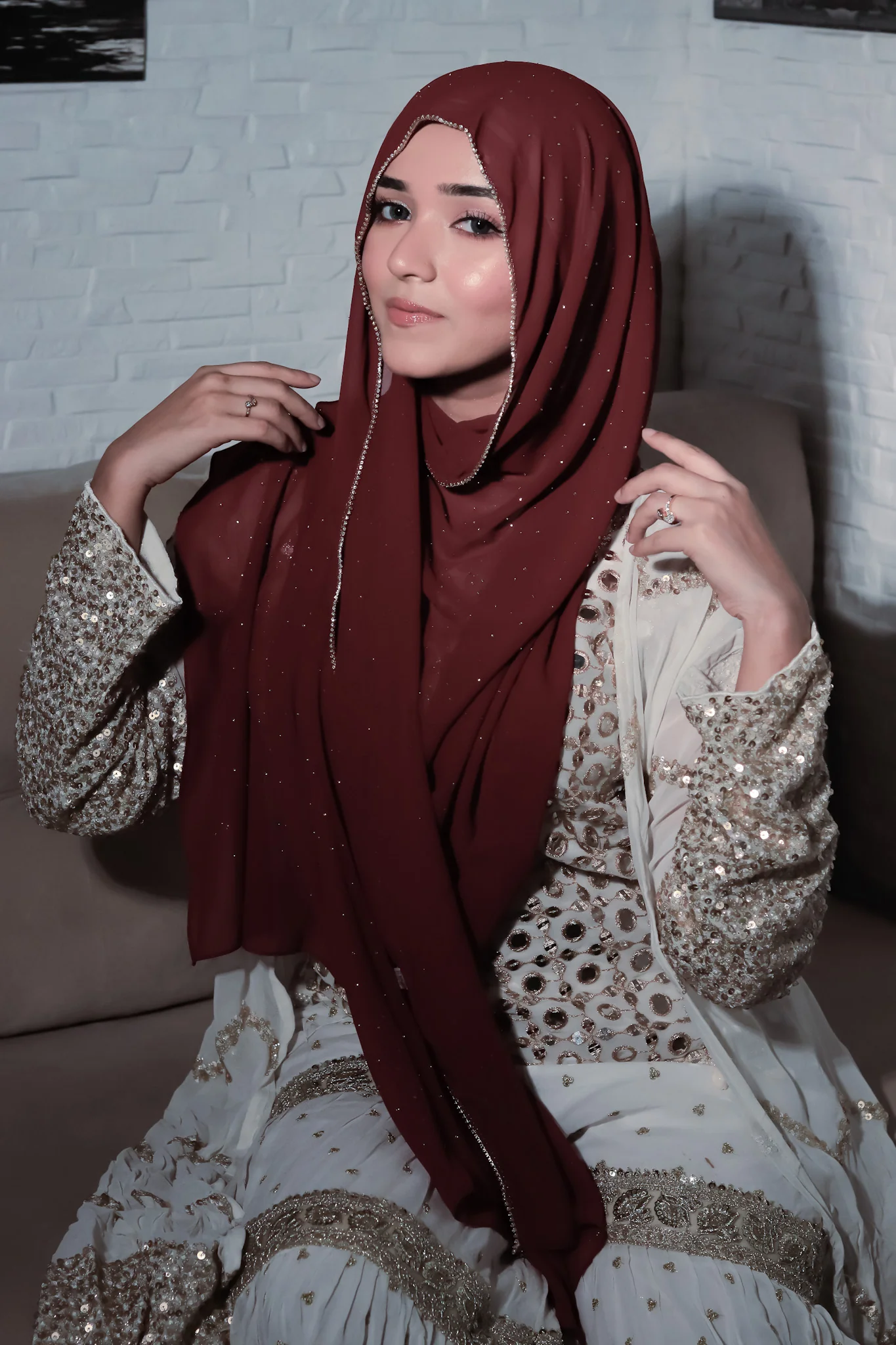 Rhinestone Hijab - Maroon - Image 5