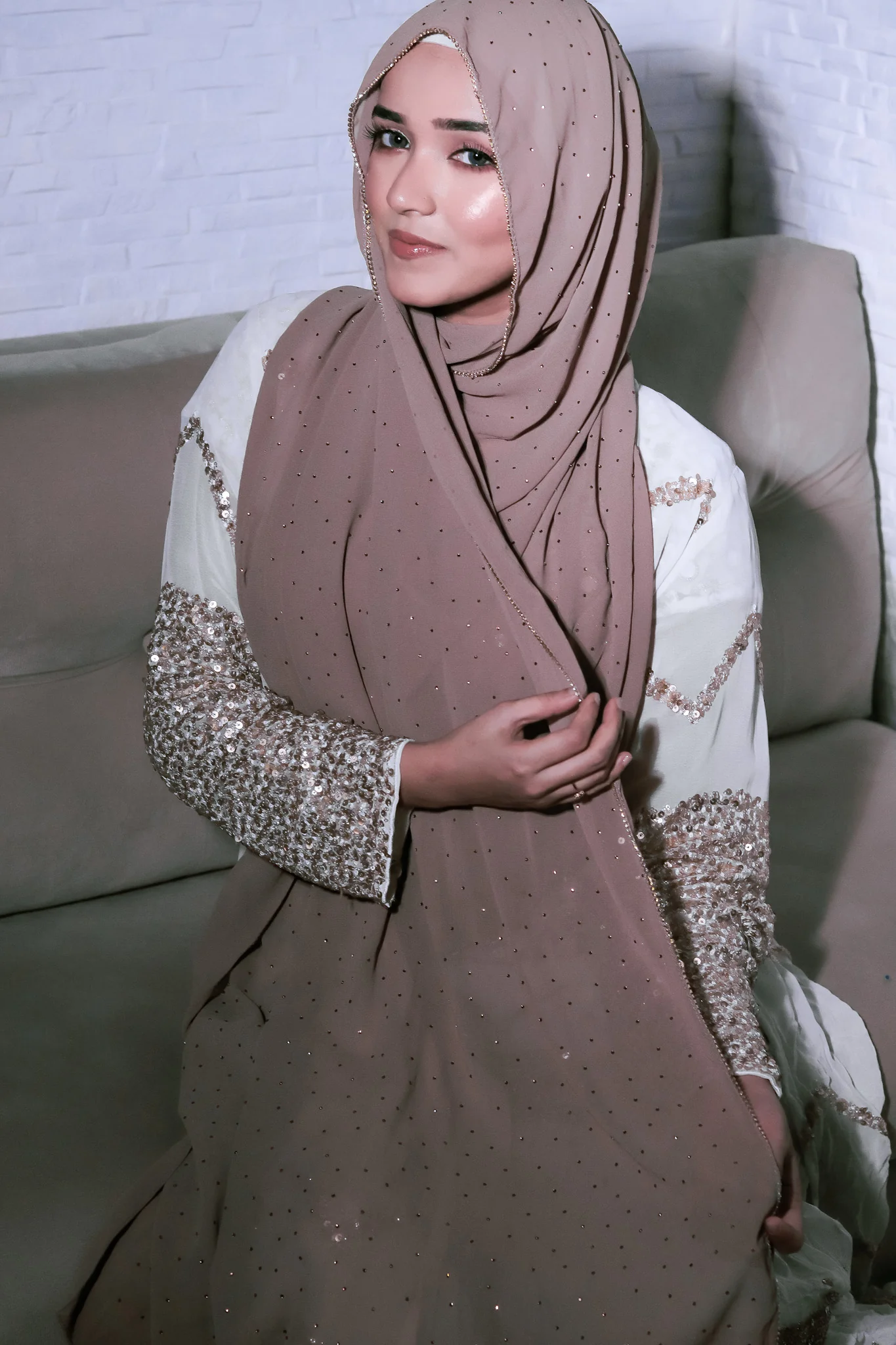 Rhinestone Hijab - Brown - Image 3